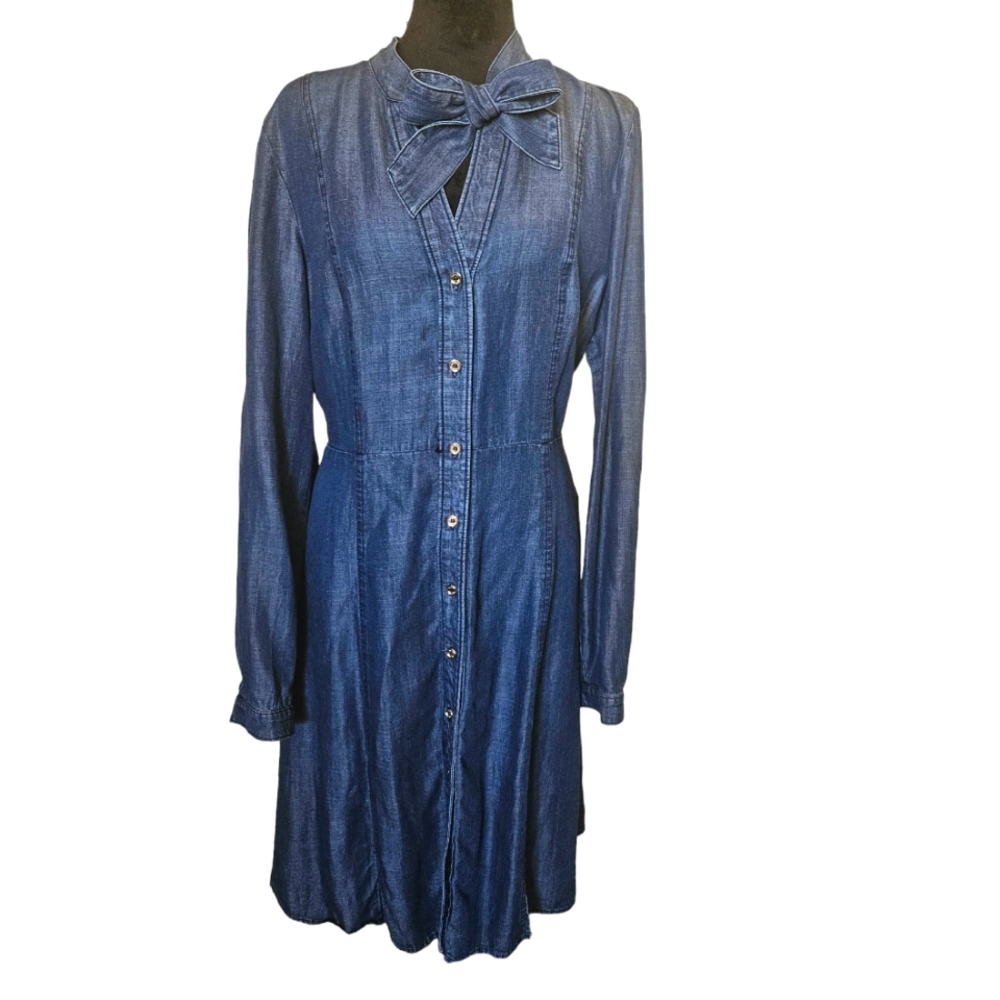 Tommy Hilfiger Long Sleeve A-Line Denim Dress with Bow at Neckline Size 12